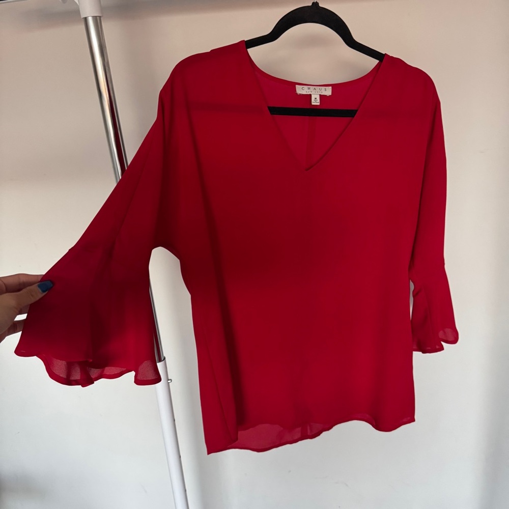 Chaus Vibrant Red V-Neck Blouse with Flared Sleeves